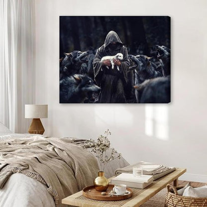 Jesus Saves - Protecting Lamb from Wolves Art | Christian Wall Decor Canvas Print 16"x24"