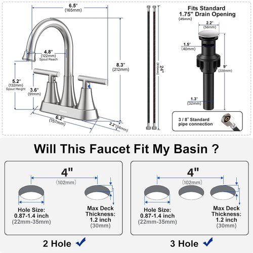Bathroom Faucets for Sink 3 Hole, Hurran 4 inch Brushed Nickel Bathroom Sink Faucet with Pop-up Drain and Supply Lines, Stainless Steel Centerset Faucets for Sink Vanity RV