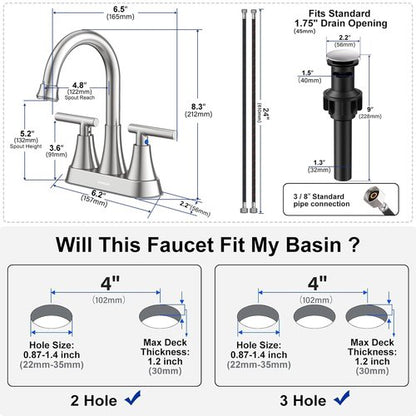 Bathroom Faucets for Sink 3 Hole, Hurran 4 inch Brushed Nickel Bathroom Sink Faucet with Pop-up Drain and Supply Lines, Stainless Steel Centerset Faucets for Sink Vanity RV