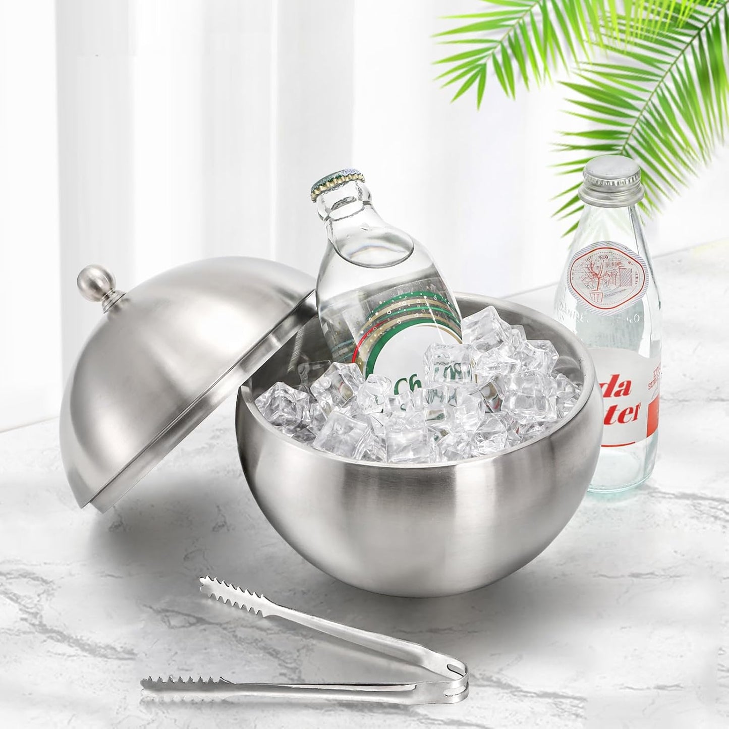 Yesland Ice Bucket with Lid, Double Insulation Ice Box Container Storage Box, 2 L Stainless Steel Ice Bucket Container with Ice Tong Scooper, Spherical Wine Champagne Barrel for Home Party Bar