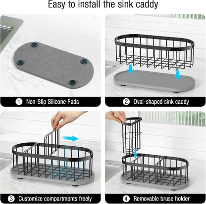 Skiennix Kitchen Sink Caddy Organizer - Rustproof Stainless Steel with Stay-Dry Stone Tray | Black
