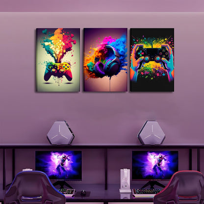 Skiennix Gaming Room Decor | Set of 3 Framed Canvas Posters - Video Game Controller Art for Boys 16x24 in