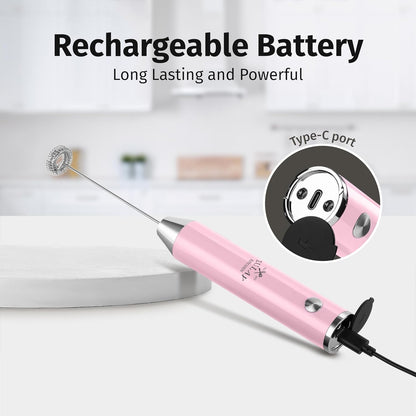 Zulay Kitchen Rechargeable Milk Frother Handheld Lux - Powerful 2-Speed Motor, Waterproof, 2000mAh Battery - Drink Mixer for Latte, Cappuccino, Matcha & Protein Powder - Pink Bubblegum