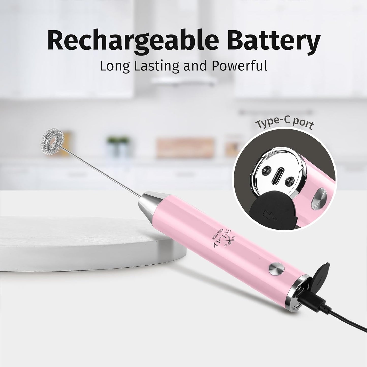 Zulay Kitchen Rechargeable Milk Frother - Powerful 2-Speed Motor, Waterproof Design | Pink Bubblegum Color