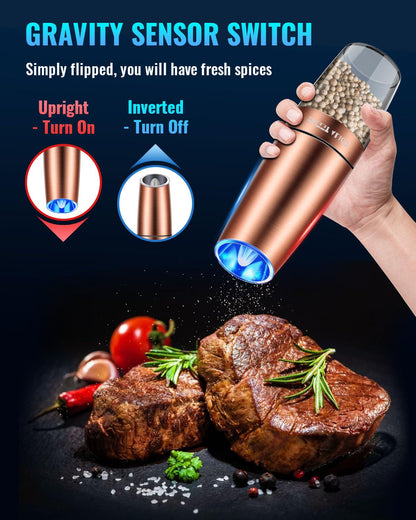 Gravity Electric Pepper/Salt Grinder, Salt or Pepper Mill, Adjustable Coarseness, Battery Powered with LED Light, One Hand Automatic Operation, Stainless Steel (Single/Copper)