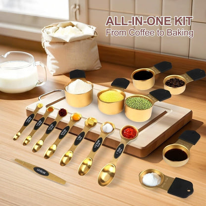 Skiennix 16-Piece Stainless Steel Measuring Cups & Spoons Set - Magnetic Nesting Design, Gold Finish
