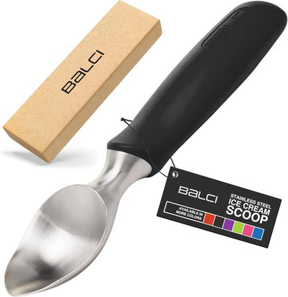 Balci Ice Cream Scoop - Heavy Duty Stainless Steel Scooper with Non-Slip Grip - Dishwasher Safe, Black
