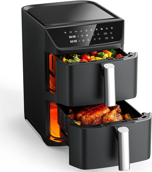 Dual Basket Air Fryer - 12.6QT Family Size for 10-12 People | XL Basket for 6LB Chicken, 10-in-1 Functions, Dishwasher Safe, Black