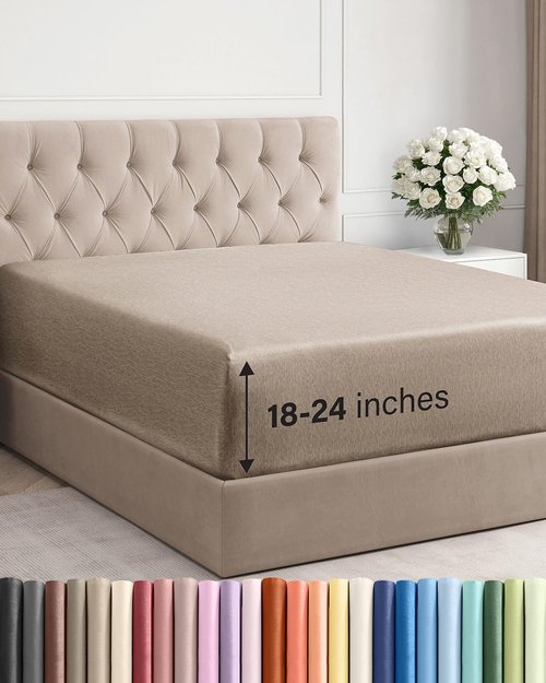 Extra Deep Cal King Fitted Sheet - Hotel Luxury Single Fitted Sheet Only - Easily Fits 18 to 24 inch Mattress - Ultra Soft, Wrinkle Free with Extra Deep Pockets - Breathable & Comfy - Heathered Beige