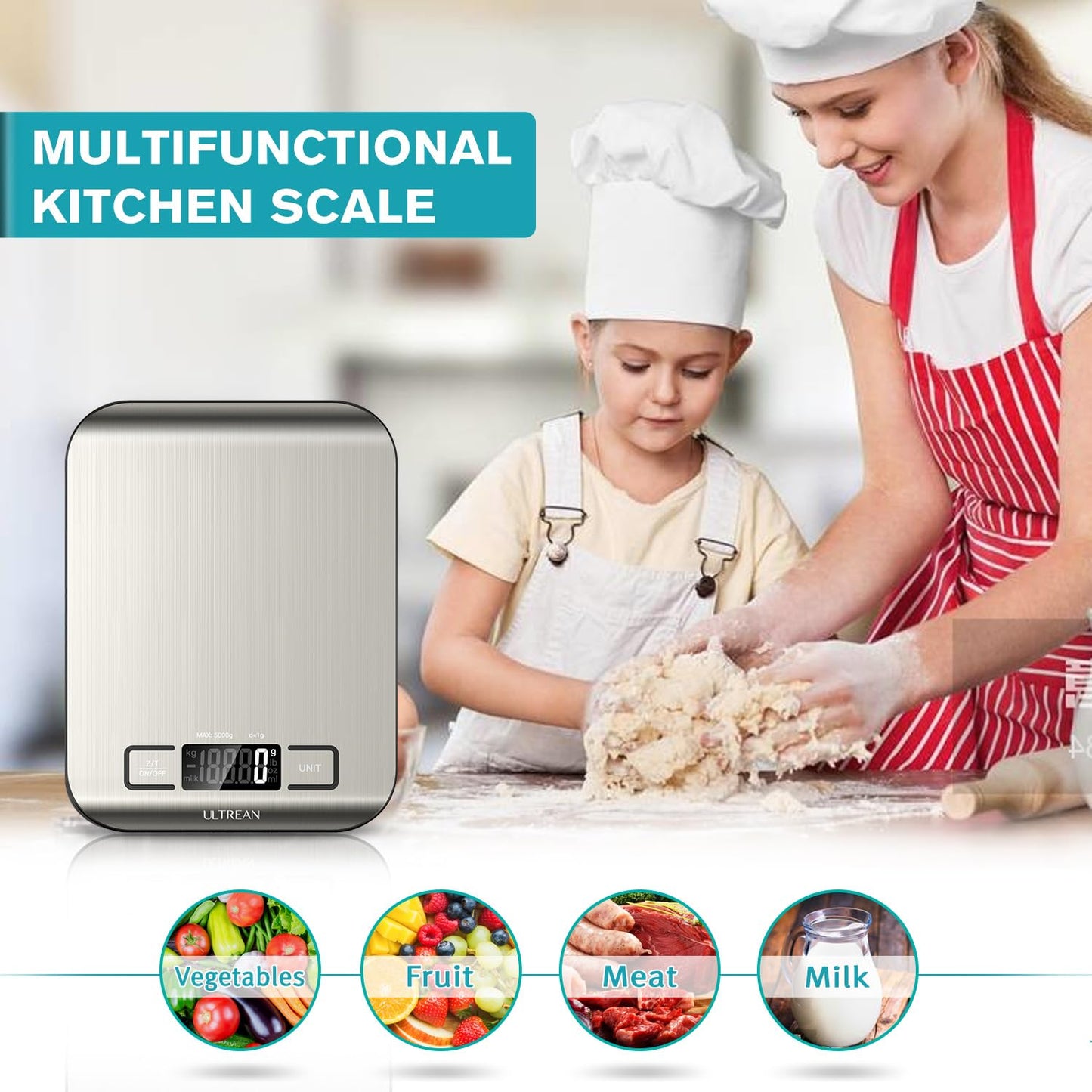 Ultrean Digital Kitchen Scale - Accurate LCD Display for Baking & Meal Prep | 11lb Capacity, 304 Stainless Steel