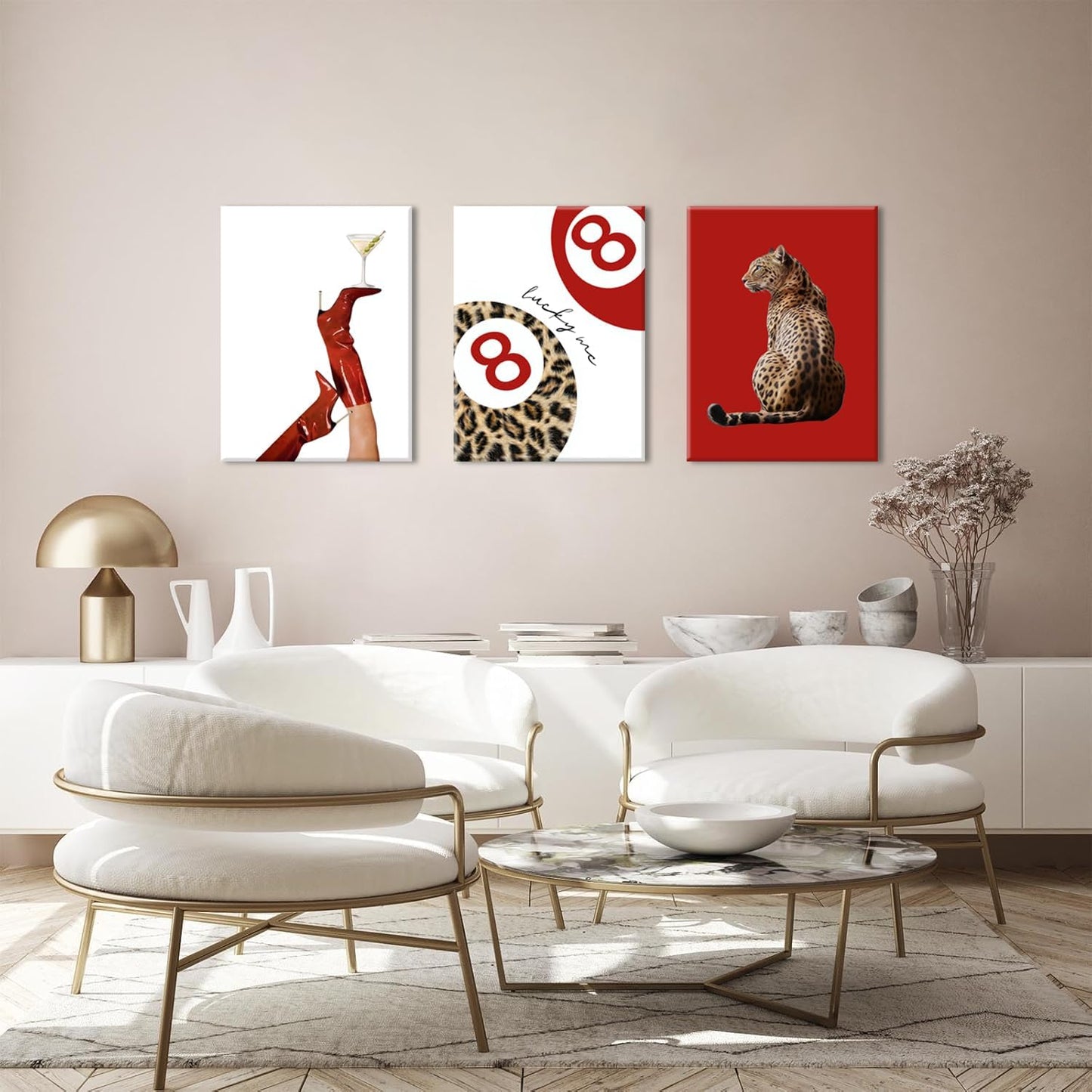 Skiennix Leopard Canvas Wall Art Set - Red Cheetah High Heel & Lucky You 8 Ball Prints | 16x24 Inch Framed Decor for Girls' Bedroom