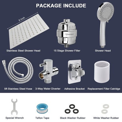 NearMoon Filtered Shower Head, High Pressure 8″Square, 5 settings Handheld Rain Shower Filter Combo with Self-adhesive Holder/1.5M Hose -1 Replaceable Filter Cartridge (Chrome Finish)