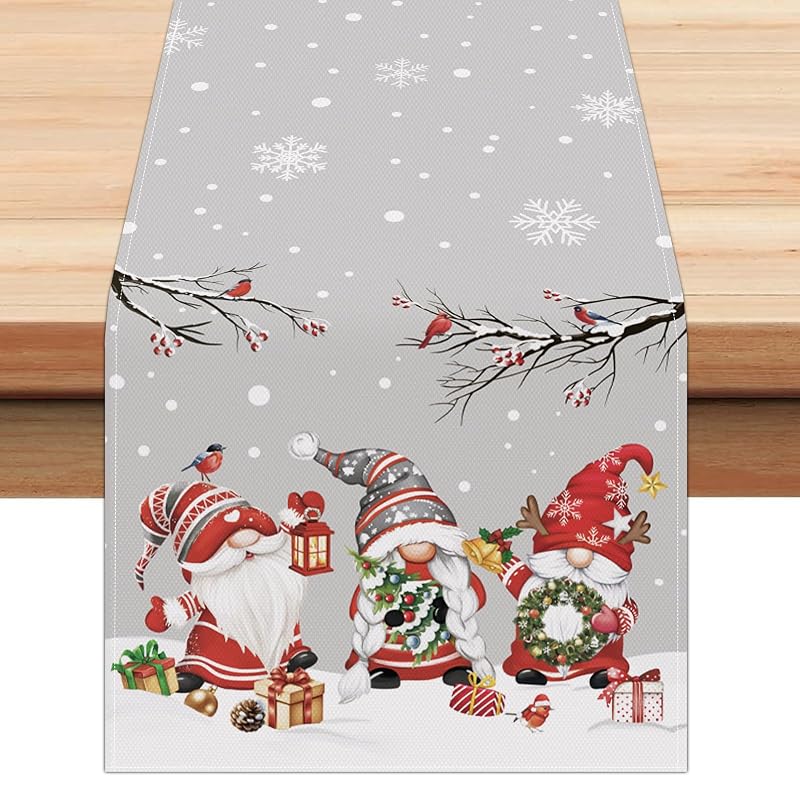Grey Christmas Gnome Table Runner 13x72 in with Snowflakes, Birds & Branches – Bonhause