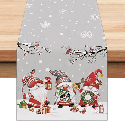 Grey Christmas Gnome Table Runner 13x72 in with Snowflakes, Birds & Branches – Bonhause