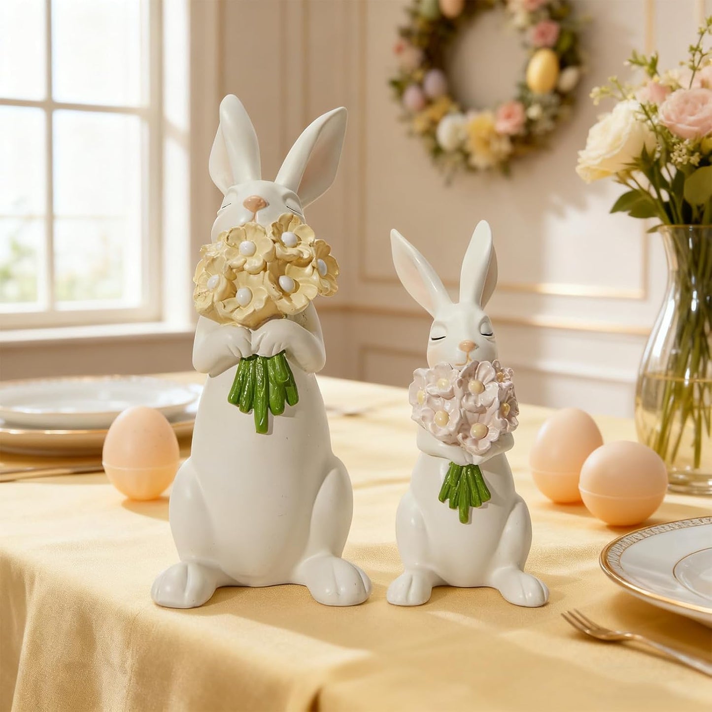 WDS Wondrous Bunny Figurines Set - Cream White Bunnies with Pastel Flower Bouquets | Cute Spring Home Decor Statues (Set of 2)