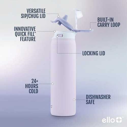 Ello Pop & Fill Insulated Stainless Steel Water Bottle - Quick Fill Lid, Leakproof, BPA-Free | 22oz, 32oz, 40oz