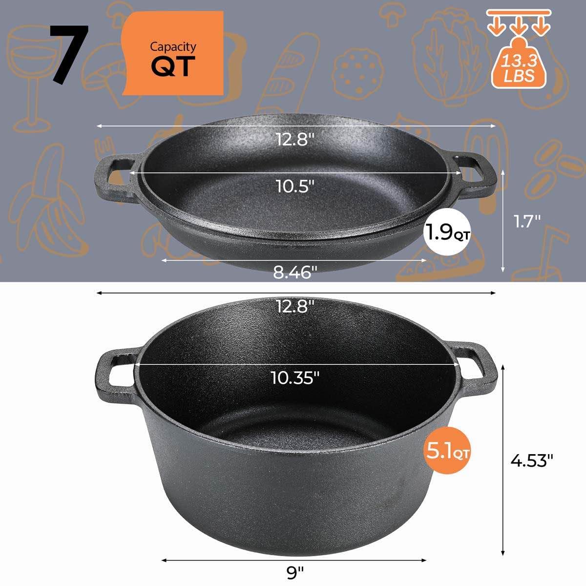 TLGREEN Cast Iron Dutch Oven Pot with Lid,Cast Iron Pot (5.1QT) and Cast Iron Lid as a Skillet(1.9QT) - Dutch Oven Cast Iron with Silicone Holders, Iron Stand, for Oven, Stove, Grill，Campfire