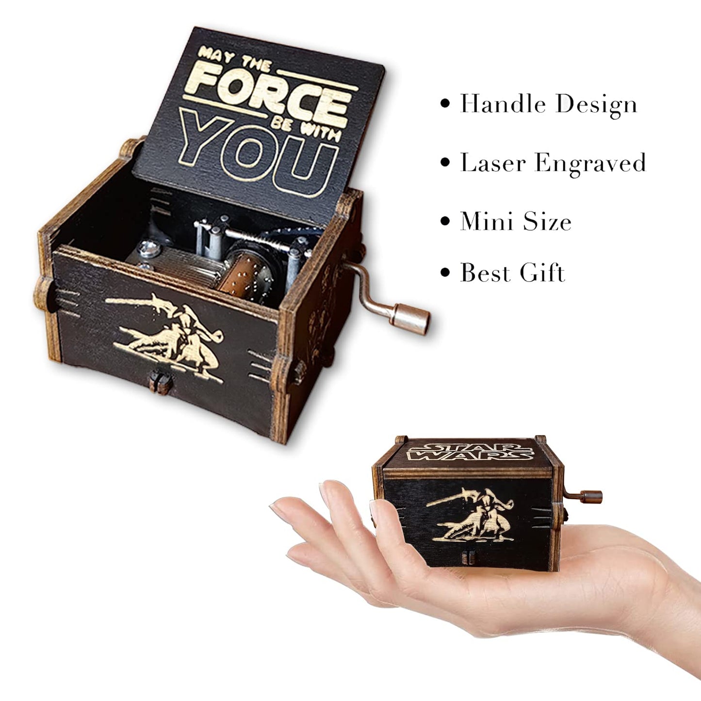 Bolunlun Star Wars music box, wooden hand crank music box, wooden toys for movie fans, gifts for boyfriends and kids, perfect for Valentine's Day, birthdays, Halloween and Christmas. (Star Wars song)