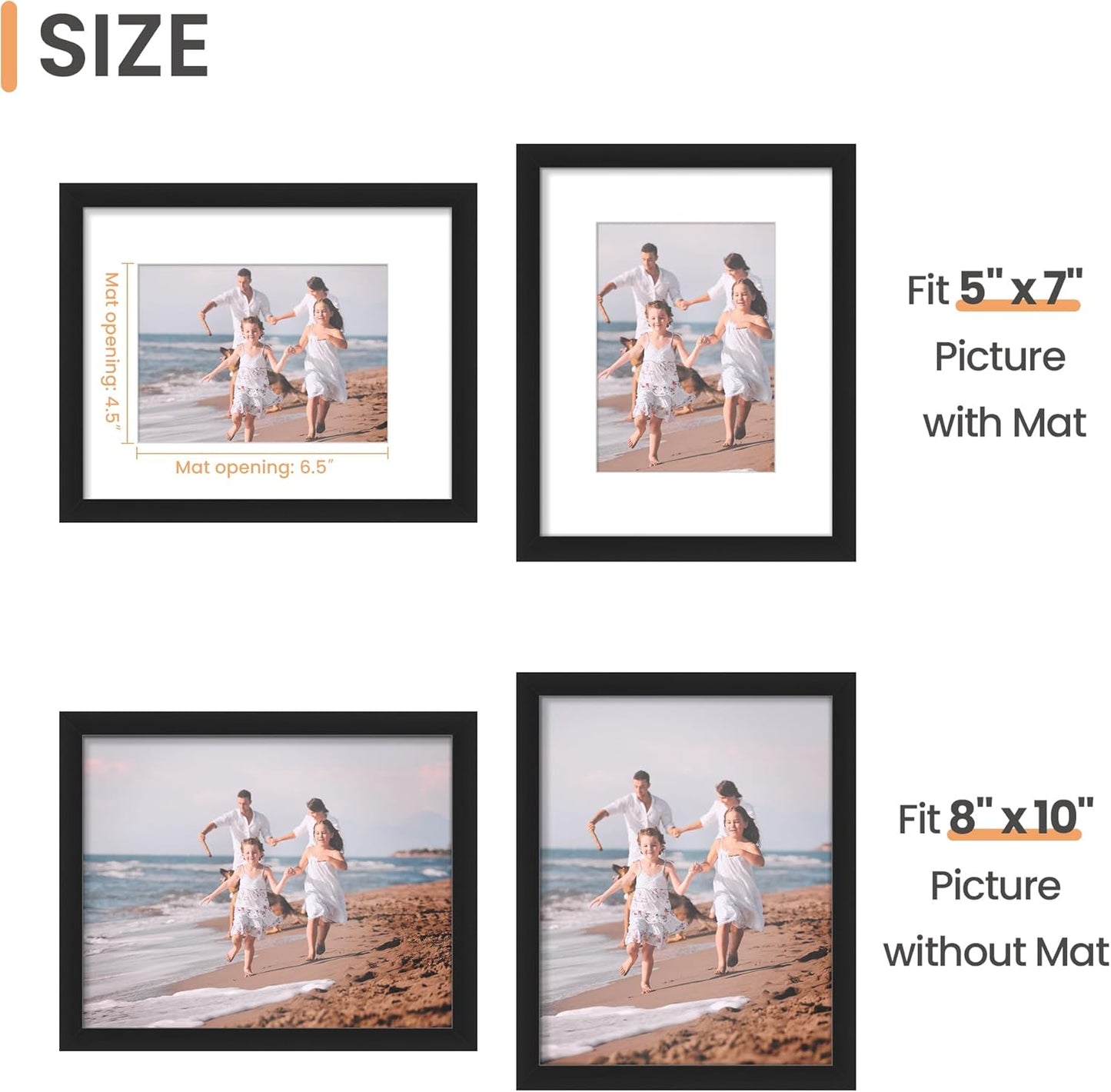 Upsimples 8x10 Picture Frame - Versatile Display for 5x7 with Mat or 8x10 Without Mat, Black