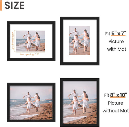 Upsimples 8x10 Picture Frame - Versatile Display for 5x7 with Mat or 8x10 Without Mat, Black