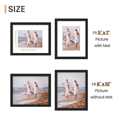 upsimples 8x10 Picture Frame, Display Pictures 5x7 with Mat or 8x10 Without Mat, Wall Hanging Photo Frame, Black, 1 Pack