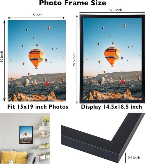 JCJMY 15x19 Picture Frame - Black Wall Hanging for Horizontal & Vertical Photos | Gallery Display