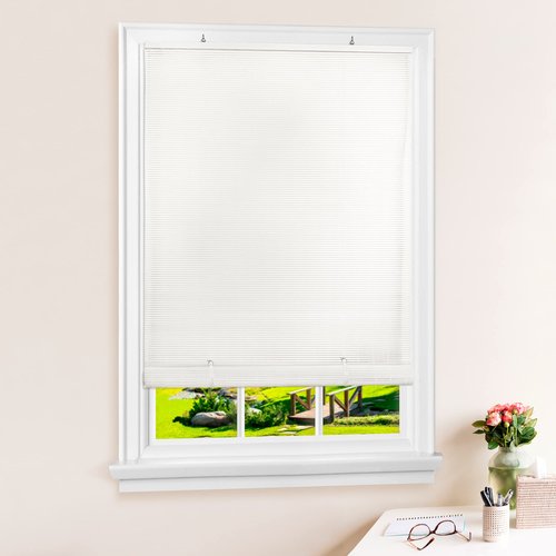 Cordless Solstice Vinyl Roll-Up Blind - 36 Inch Width, 72 Inch Length, Quarter Inch Vinyl Slats - White - Soft Light Filtering Horizontal Windows Blinds for Indoor & Ourdoor by Achim Home Decor