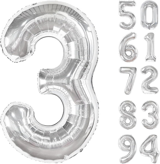 Silver 3 Balloon - 40 Inch Number Balloon for 3rd Birthday Celebrations | Kids & Adults Party Supplies
