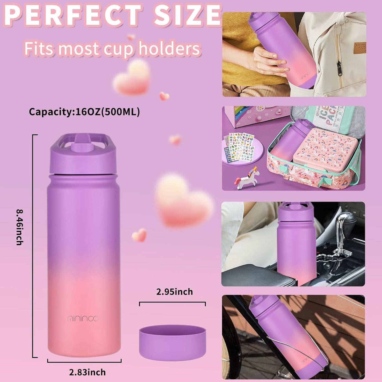 Mininoo Kids Water Bottle - 16oz Stainless Steel Insulated with Straw Lid | Purple/Pink