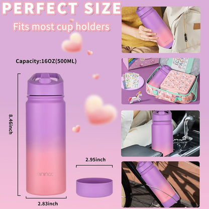 Mininoo Kids Water Bottle - 16oz Stainless Steel Insulated with Straw Lid | Purple/Pink
