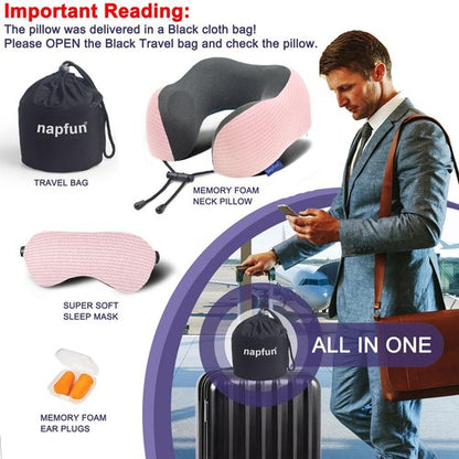 napfun Neck Pillow for Travel with Travel Pouch, Sleep Mask & Earplugs, Memory Foam Airplane Pillow for Headrest Sleep with Eyeshades, Plane Essentials with Eye Blindfold, Pink Striped Kit