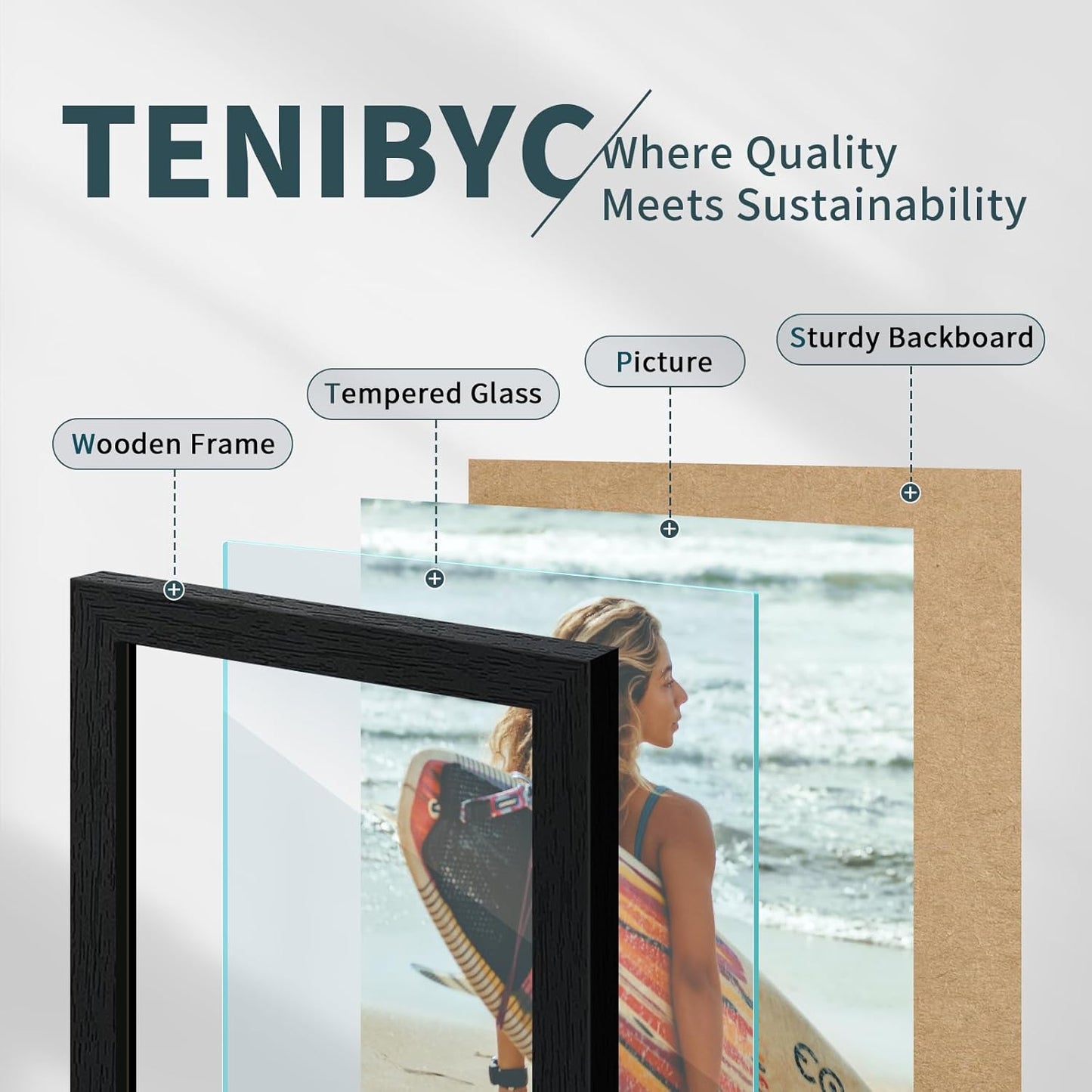 Black Woodgrain Picture Frame Set of 3 by Skiennix - Solid Wood & HD Tempered Glass for Table Display or Wall Hanging
