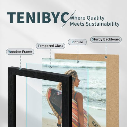 TENIBYC 8.5 by 11 Picture Frame Set of 3 - Black Woodgrain, Solid Wood & HD Tempered Glass, Table Display or Wall Hanging
