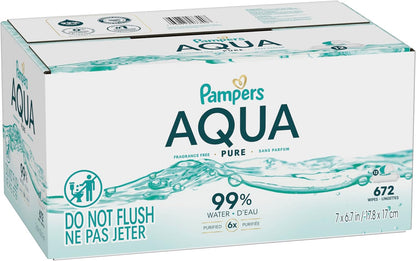Pampers Aqua Pure Baby Wipes - 99% Water, Fragrance-Free, 672 Total Wipes (12 Flip-Top Packs)