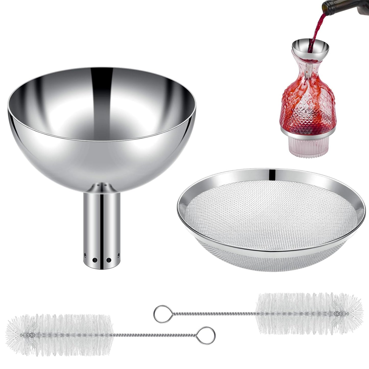 Wine Aerator Shower Funnel with Mesh Sediment Strainer Stainless Steel Aerating Decanter Funnel with Filter and Brushes for Christmas Wine Lover Gift(4)