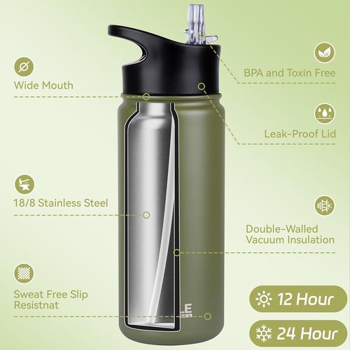 HASLE OUTFITTERS Insulated Water Bottle - 16 oz Double Wall Stainless Steel | Leak Proof, Wide Mouth, Army Green