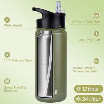 HASLE OUTFITTERS Insulated Water Bottle - 16 oz Double Wall Stainless Steel | Leak Proof, Wide Mouth, Army Green