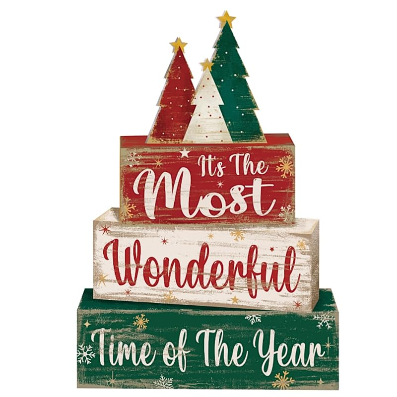 Moucuny 4 Pcs Christmas Tree Table Decorations - Wooden Blocks Signs, Tree Variation
