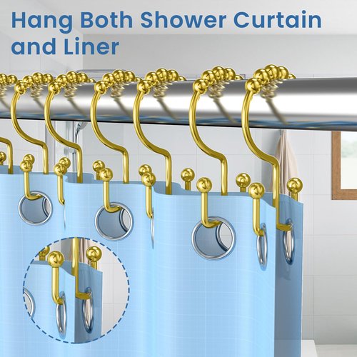 LBYOJKD Double Sided Shower Curtain Hooks with Smooth Gliding Roller Balls, Rustproof Metal Hooks for Curtain and Liner, Set of 12 for Standard and Curved Shower Rods - Gold