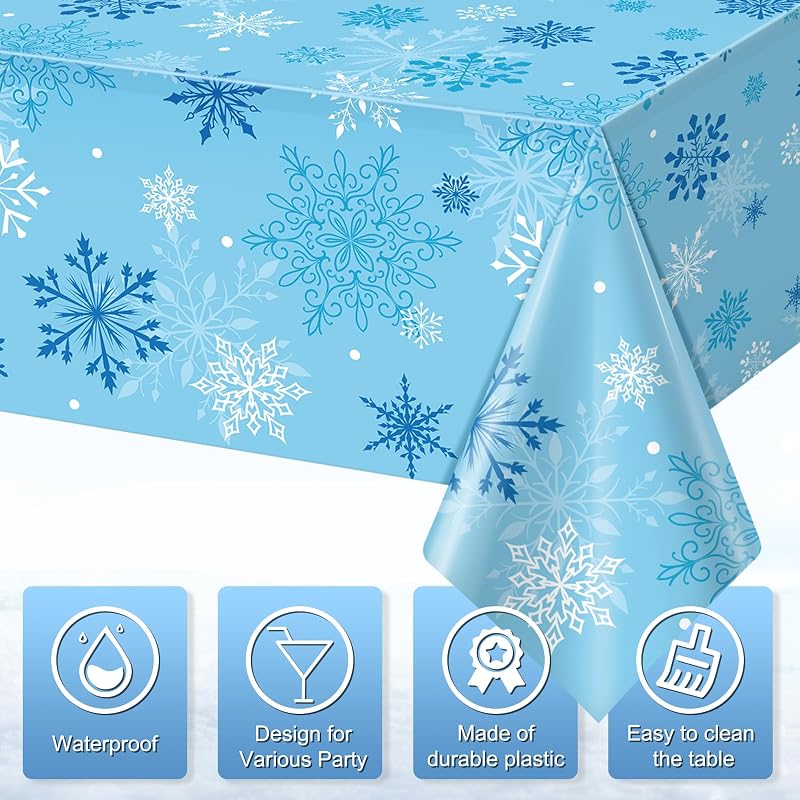 Blue Snowflake Tablecloth 54 x 108 in - 1 Pack, Disposable Plastic