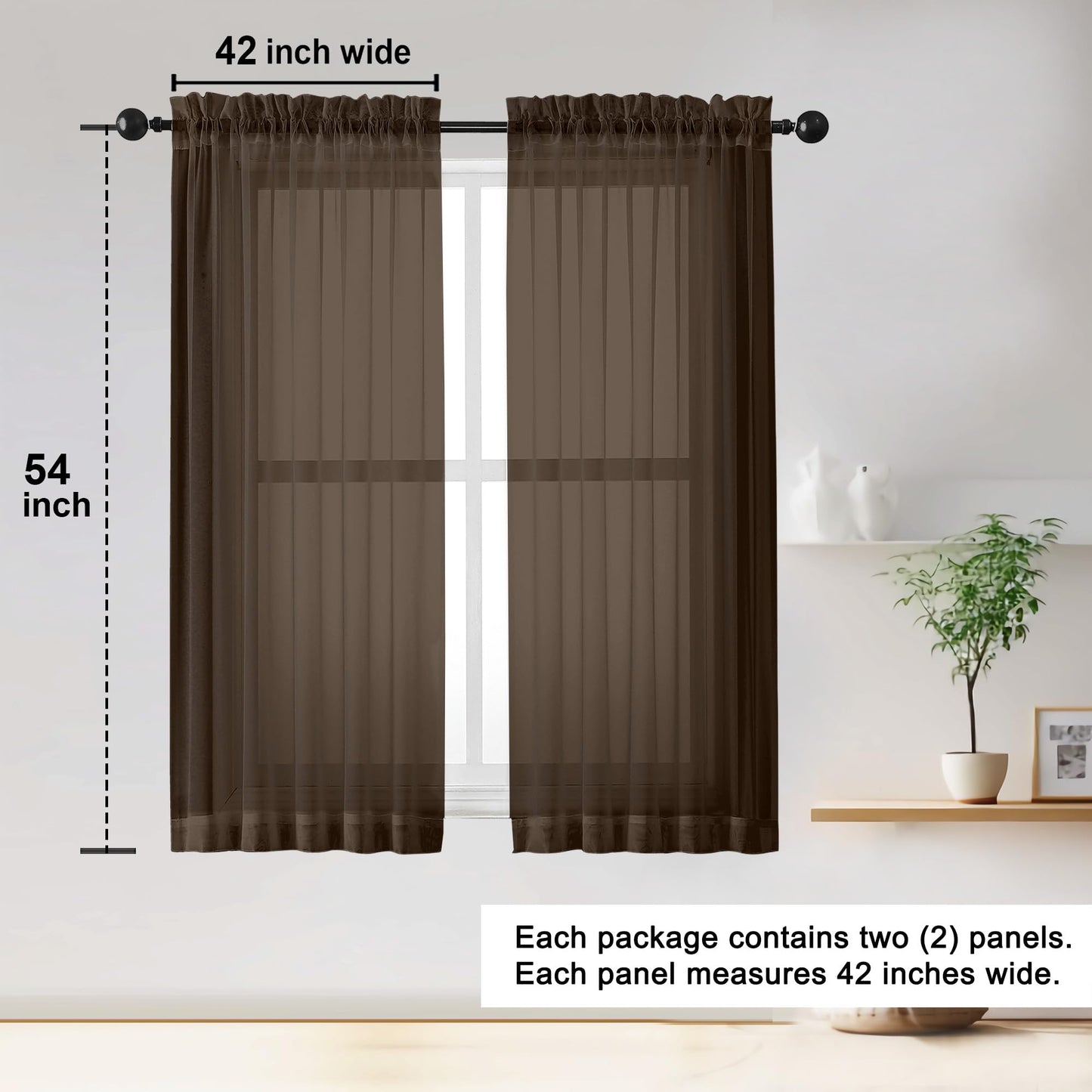 OWENIE Sheer Curtains 54 inches Long for Living Room Bedroom, Rod Pocket Light Filtering Voile Sheers Panels Drapes Small Window Treatments 2 Panels, 42" W x 54" L, Chocolate