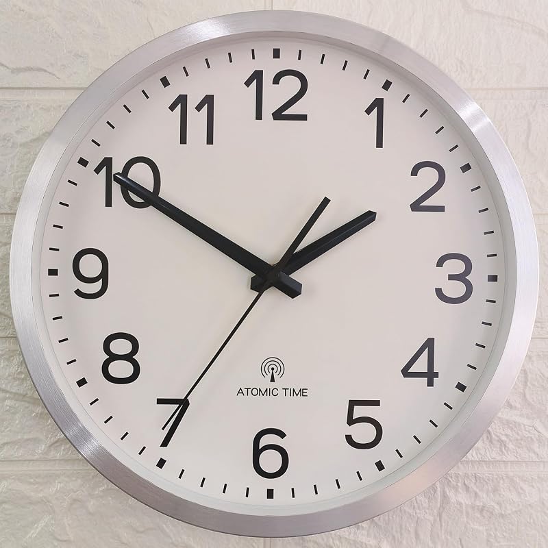 Atomic 12-Inch Wall Clock with Silver Aluminum Frame – Radio Controlled