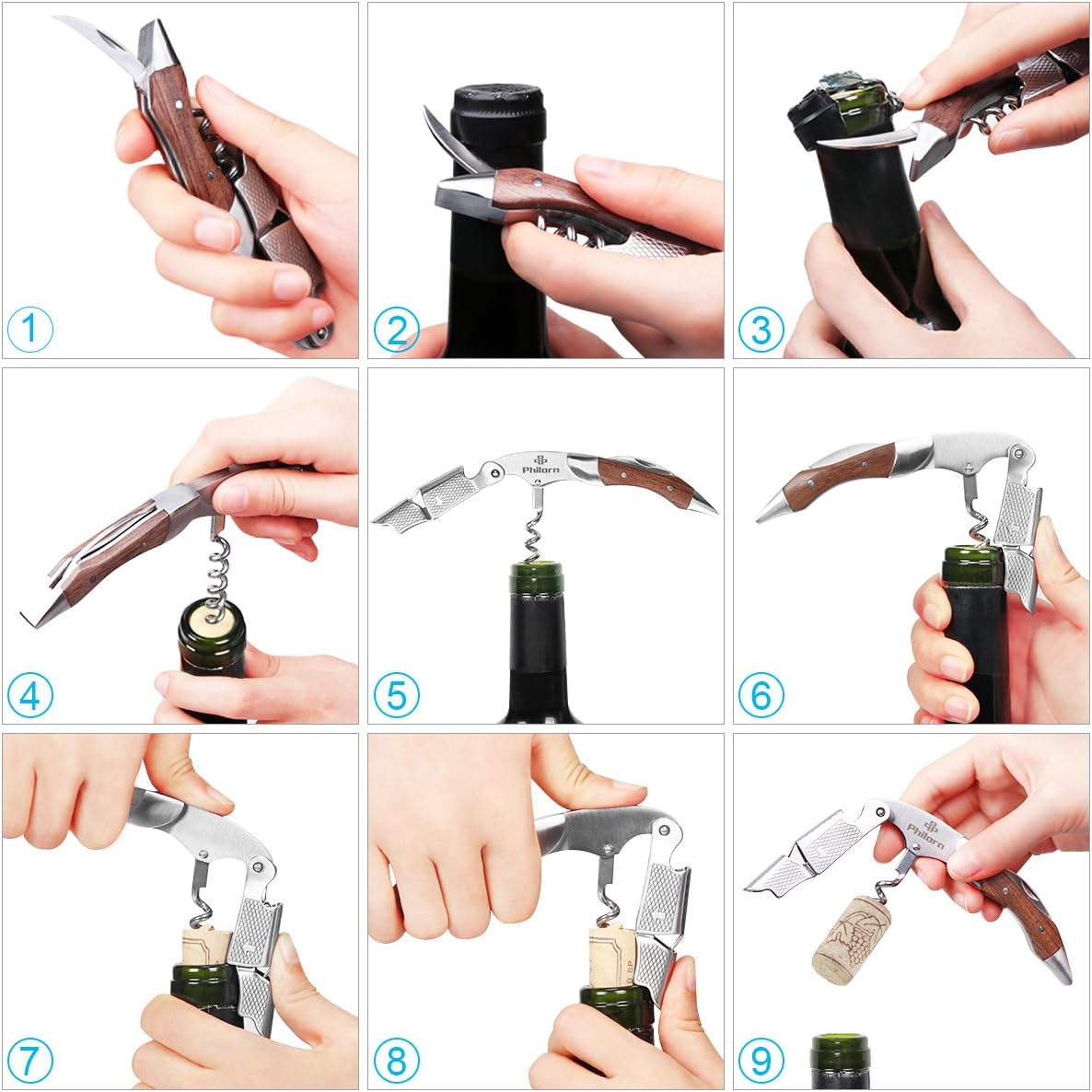 Philorn Wine Opener-Professional Corkscrew Wine Opener with Foil Cutter & Cap Remover, Manual Wine Key for Servers, Bartenders, Waiters & Home Use, Rosewood Handle Wine Bottle Opener