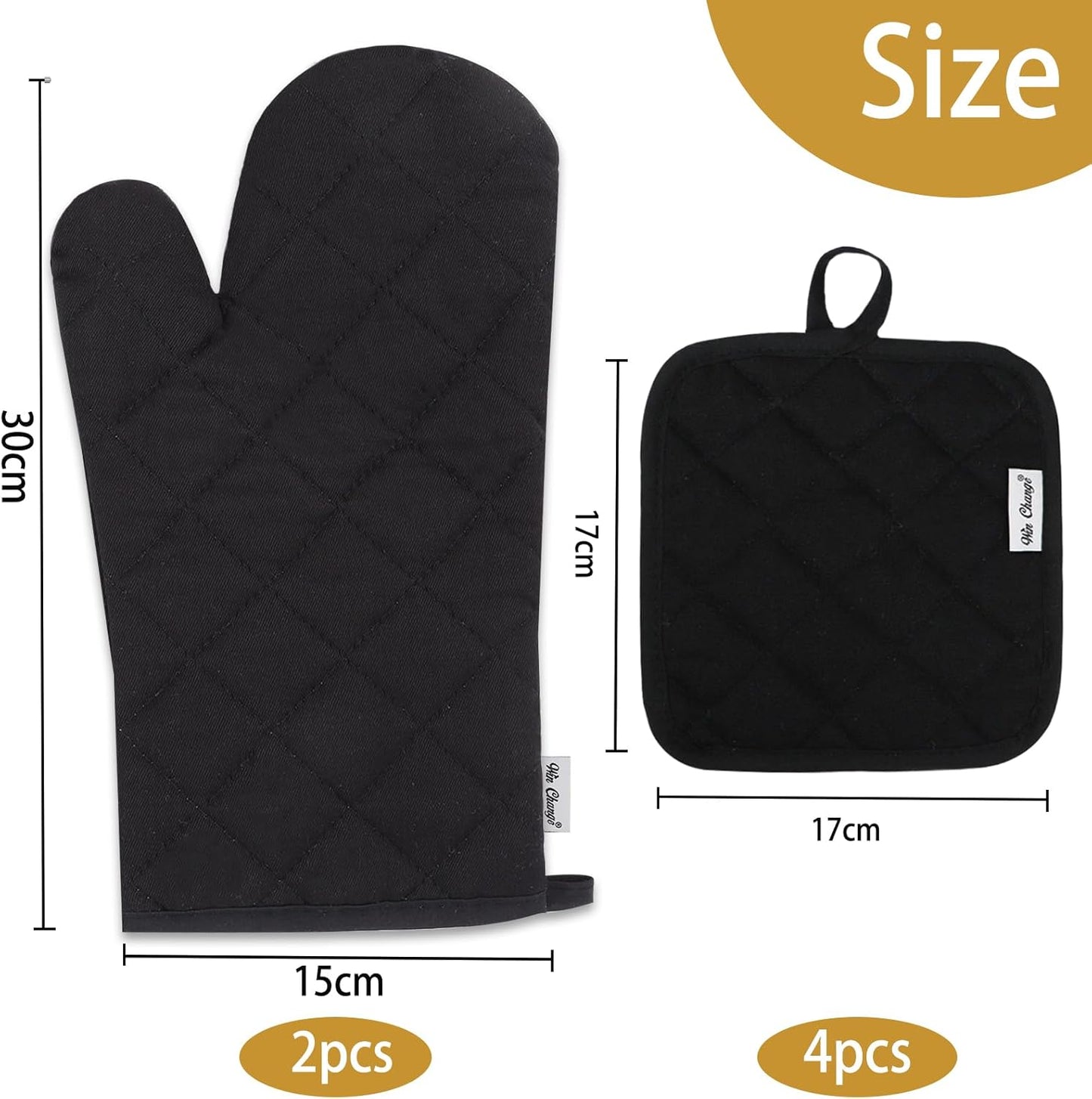 Skiennix Oven Mitts Set - 6 Pcs High Heat Resistant Extra Thick Potholders | Black Recycled Cotton