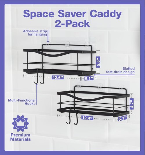 KINCMAX Premium Shower Caddy - Self-Adhesive Organizer with 4 Hooks | Rustproof Stainless Steel, Matte Black