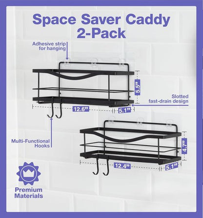 KINCMAX Premium Shower Caddy - Self-Adhesive Organizer with 4 Hooks | Rustproof Stainless Steel, Matte Black