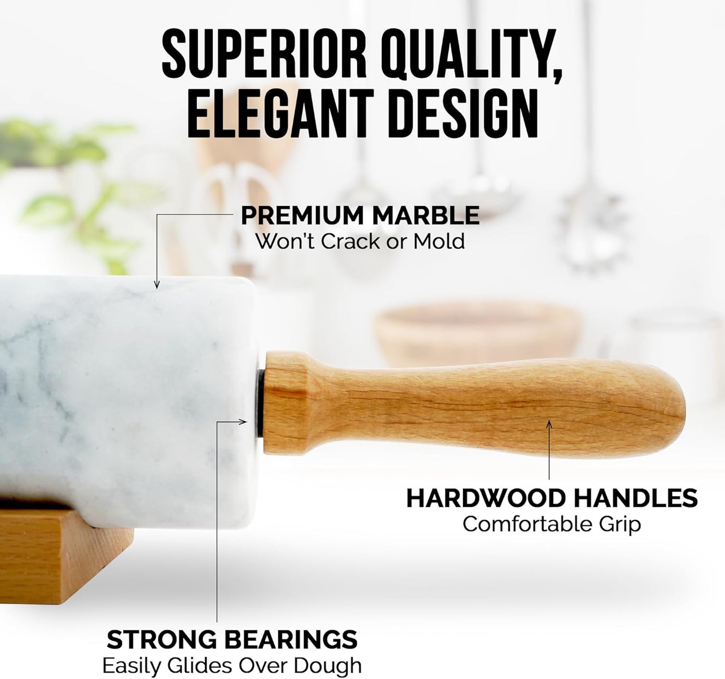Zulay Kitchen 17-Inch Marble Rolling Pin With Stand - Non-Stick Polished Marble Roller For Baking Pastries, Bread & Pizza