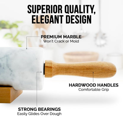 Zulay Kitchen 17-Inch Marble Rolling Pin With Stand - Non-Stick Polished Marble Roller For Baking Pastries, Bread & Pizza