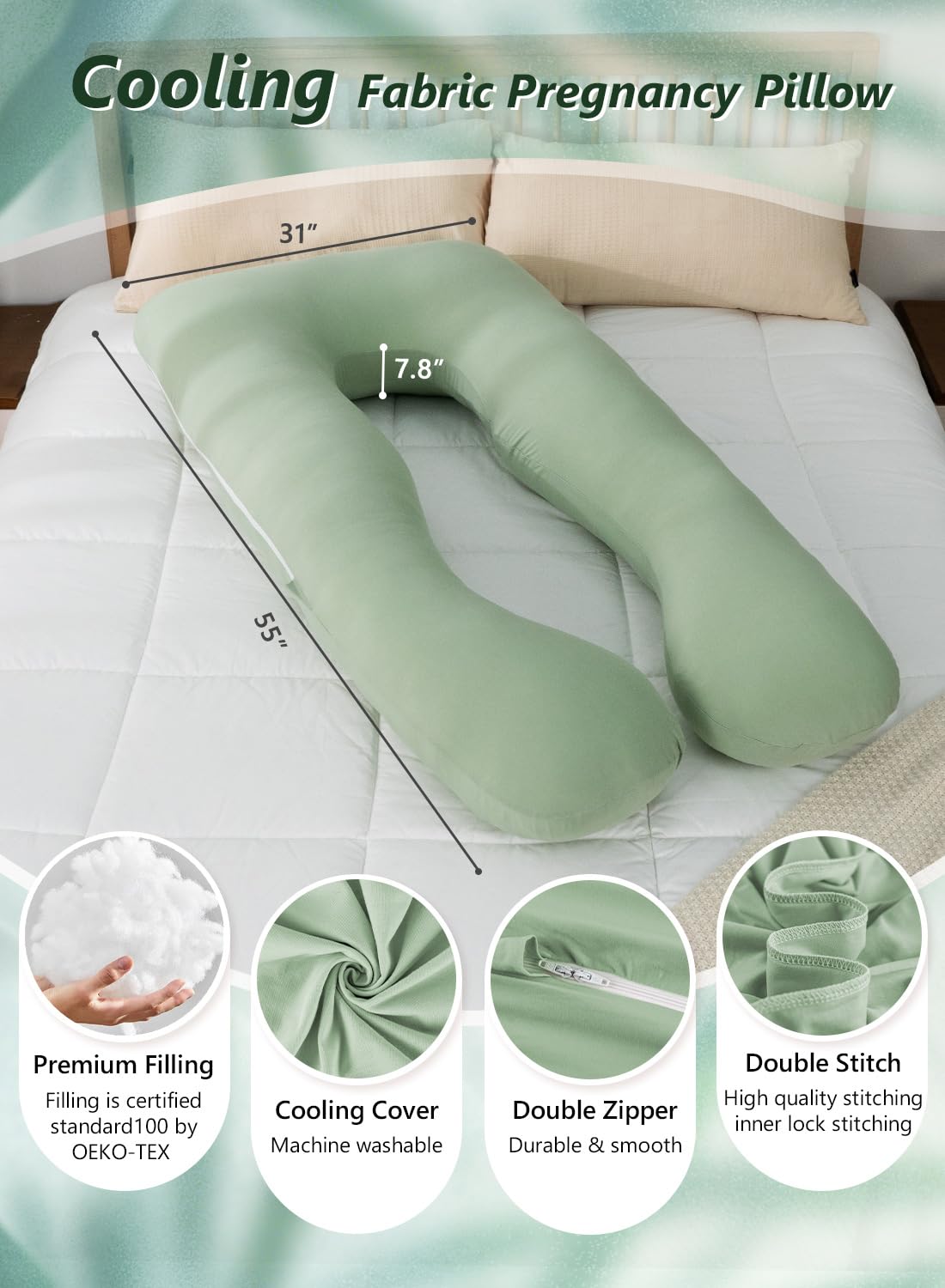 Meiz U-Shaped Pregnancy Pillow - Cooling Maternity Body Pillow for Comfort | 55 Inch Sage Green Rayon Cover