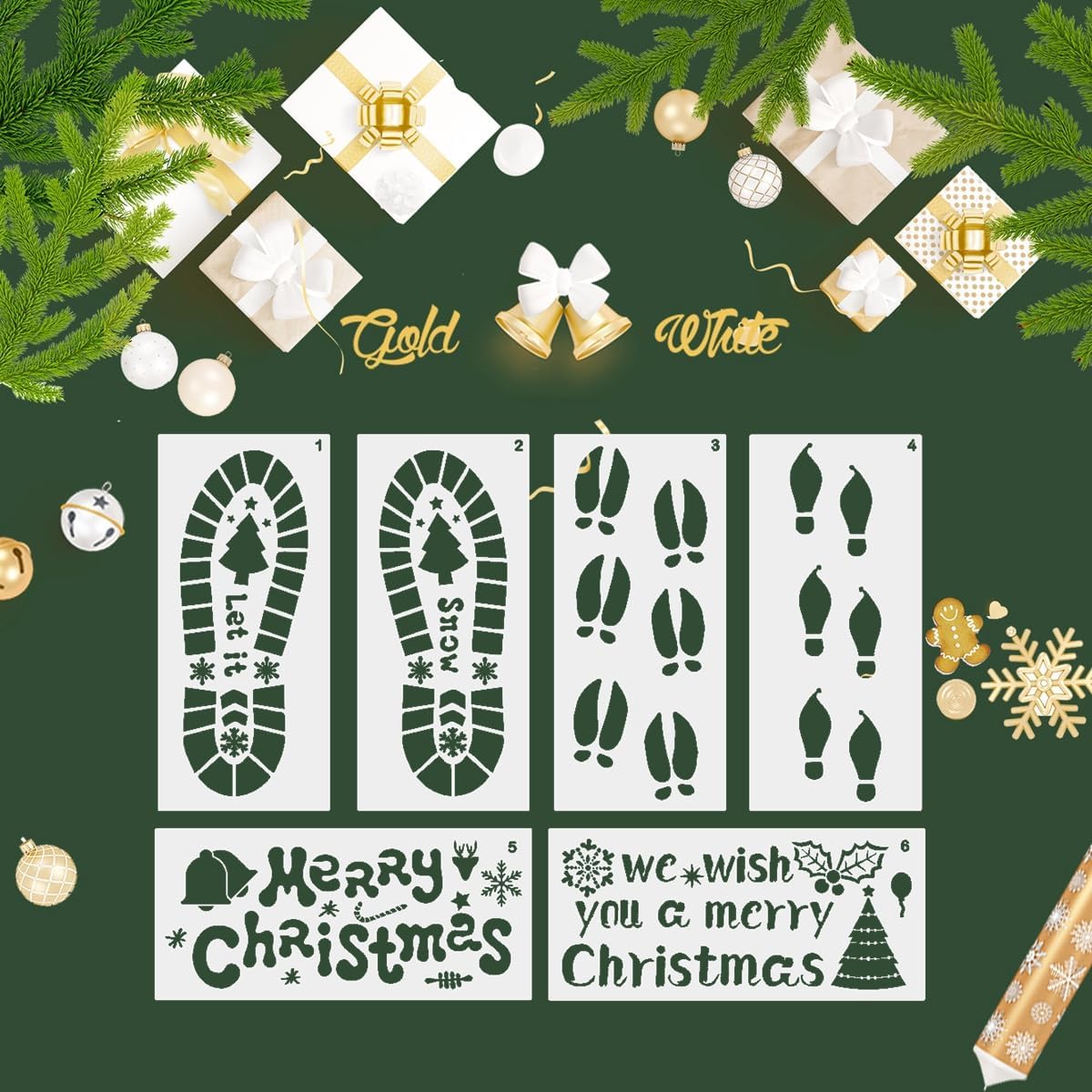 Skiennix 6 Pcs Christmas Santa Footprint Stencils - Reusable Elk & Snowflake Designs for Holiday Decor